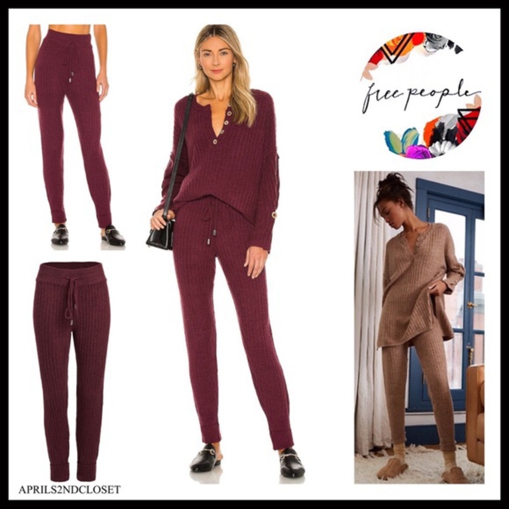 FREE PEOPLE BOHO JOGGERS COZY RIB KNIT LOUNGE ATHLEISURE SKINNY SOFT PANTS A3C - Picture 1 of 11